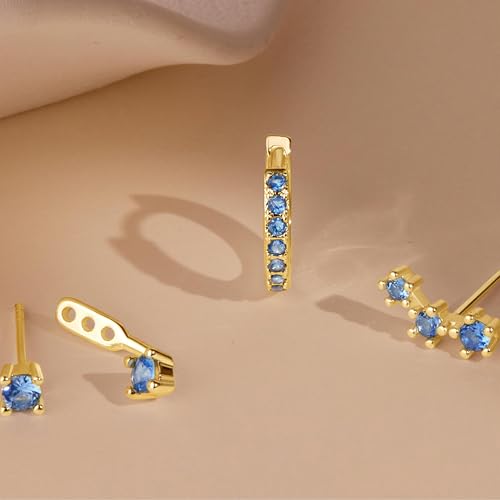 3 Pairs Dainty Small 4th of July Earrings for Women Trendy, Birthstone Stud Huggie Hoop Jacket Stack for Cartilage Helix, Gold Plated Hypoallergenic Cute Women Fashion Accessories Western Jewelry Gifts - color: 12Blue Created Topaz-Dec (Gold)