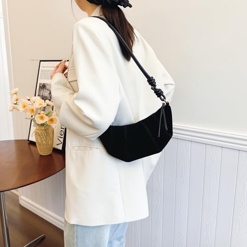 Suede Bags for Women Small Suede Purses Crescent Bag Crossbody Shoulder Bag Trendy Tote Handbags - color: A Suede Black