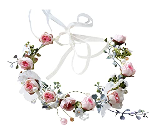 Vivivalue Pearl Flower Crown Floral Garland Headband Flower Halo Headpiece Hair Wreath Boho with Ribbon Wedding Party Festival Photos Pink - color: 5