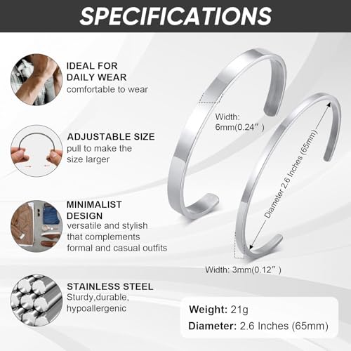 MEALGUET Stainless Steel Mens Cuff Bracelet : Minimal Cool Silver/Black/Gold Plated Open Metal Cuff Bangle Bracelets for Men,Mens Bracelet Jewelry Gift - color: Silver-2-Pack, size: Medium( fit 5.5"-7.2" wrist)