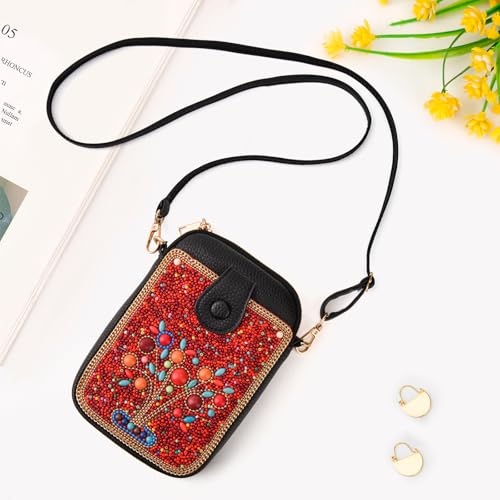Women's Small Crossbody Cell Phone Bag, Boho Colorful Beaded Purse Wallet with Handmade Cute Patterns - color: Tree-red