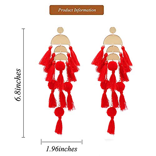 Long Tassel Earrings for Women Colorful Fringe Drop Dangle Earrings Bohemian Hawaiian Summer Beach Jewelry for Womens Vacation Outfits - color: Red