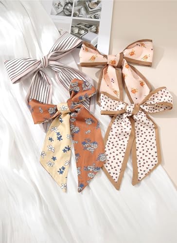 CHLINS 4PCS Satin Head Scarf for Women, Neck Hair Purse Handbag Accessory Fashion Versatile Thin Long Strip Scarf - color: Brown