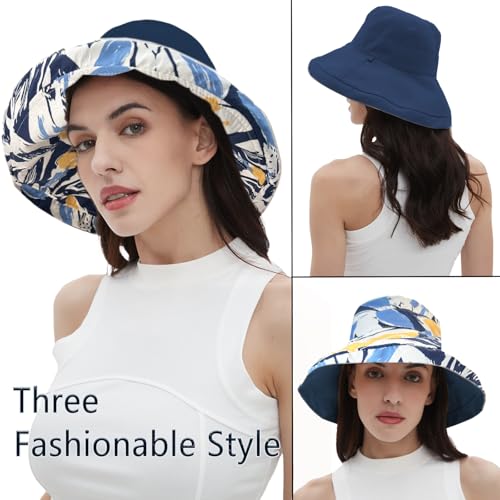 vidsel Womens Sun Hats Wide Brim Reversible Bucket Cotton Hat Packable Summer Travel Cap with Hat Clip,UV Protection - color: Navy Blue2, size: Medium