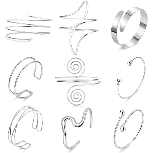 9Pcs Arm Cuff Bracelets Gold Upper Arm Cuff for Women Adjustable Upper Arm Bangle Bracelet Minimalist Irregular Arm Bangle Armband Coil Swirl Armlets Armband Jewelry Set - color: Silver B