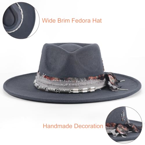 Womens Boho Fedora Hat Wide Brim Fedora Mens Handmade Flat Brim Hats - color: Gray