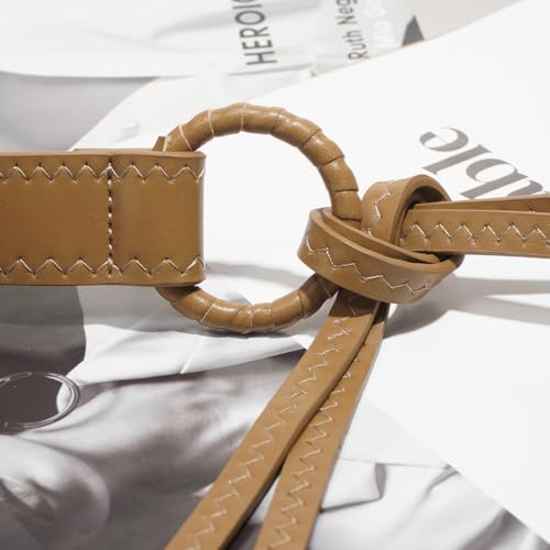 Knotted Waist Belt for Women PU Leather Thin Strap Belt for Dresses - color: Khaki