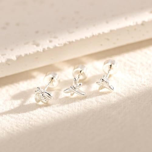 3 Pair Tiny Flat Back Earrings for Women - 14K Gold/White Gold Plated Dainty Cute Small Screw Flatback Stud Earring, Everyday Wear Gift - color: Hummingbird Bee Dragonfly Flat-5/6/6mm Silver
