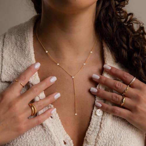 Gold Necklace for Women - Dainty Long Lariat Necklace 14K Gold Plated Clover Star Teardrop CZ Y Shaped Drop Necklaces Cute Long Necklaces for Women Trendy Prom Formal Womens Jewelry - color: Gold-CZ Choker