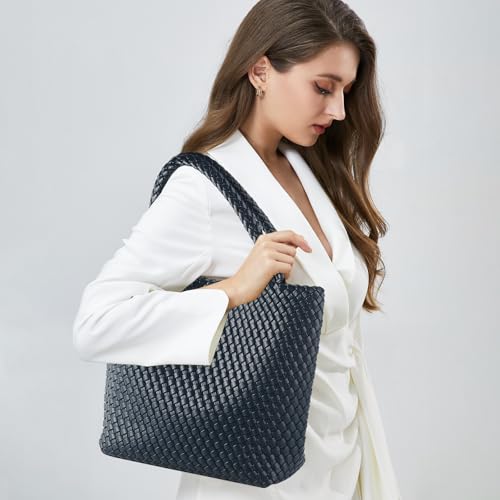 Hand Woven Bag Tote BagS For Women Top Handle Shoulder Vegan Leather Large Travel Beach Hobo Handbag - color: Navy Blue