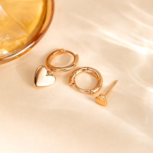 3 Pairs Small Earring Stacks, 14K Gold/Silver/Black/Rose Gold Plated Pearl Heart Butterfly Star Diamond Charm Drop Huggie Earrings Trendy Jewelry Gift for Women - color: Rose Gold-Heart