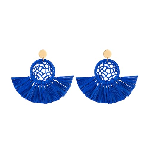 Boho Raffia Summer Beach Earrings for Women, Large Statement Dangle Drop, Lightweight Handmade Woven Fan Tassel Jewelry - color: Navy Blue