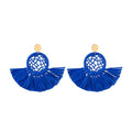Boho Raffia Summer Beach Earrings for Women, Large Statement Dangle Drop, Lightweight Handmade Woven Fan Tassel Jewelry - color: Navy Blue