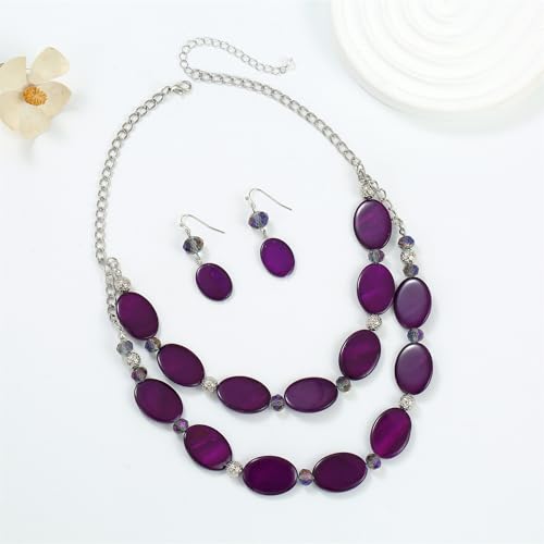 2 Layered Chunky Beaded Shell Necklace for Women Sea Shell blue/yellow/red/green/turquoise/teal/white Statement Necklace and Earring Set Elegant Women Necklace Set Jewelry Sets for Women - color: Purple