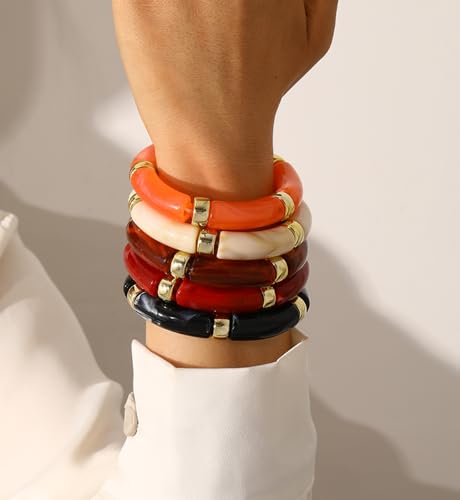 iF YOU 6pcs Chunky Acrylic Bangle Bracelets for Women, Resin Bamboo Brown Stretchy Bracelet Stack, Fashion Jewelry for Women - color: 5pcs-orange & red & brown bangles