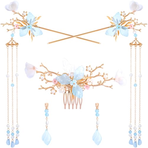 HINZIC 5pcs Flower Tassels Hairpin for Women, Non-Slip Crystal Pearl Greenstick Hair Clips, Retro Chinese Hanfu Wedding Brides Hair Accessories for Long Hair - color: Blue Branch