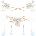 HINZIC 5pcs Flower Tassels Hairpin for Women, Non-Slip Crystal Pearl Greenstick Hair Clips, Retro Chinese Hanfu Wedding Brides Hair Accessories for Long Hair - color: Blue Branch