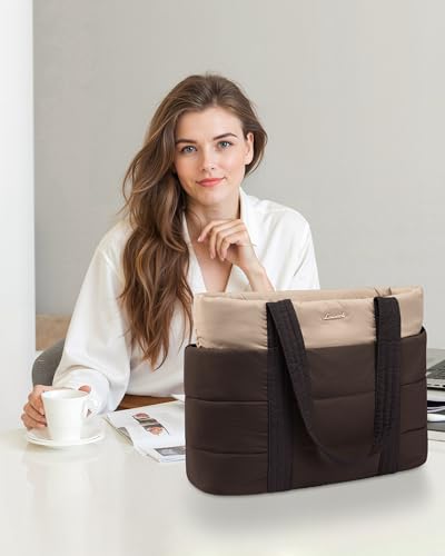LOVEVOOK Tote Bag for Women, Large Puffer Work Tote Laptop Bag, Lightweight Travel Tote Bag with Zipper Gifts for Women - color: Khaki-coffee-a, size: 15.6 Inch
