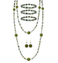 Trendy Infinity Wrap 60’’ Long Statement Necklace, Earrings and Bracelet Set - Hand Knotted Versatile Crystal and Shell Beads Strand Necklace and Chunky Beaded Stretch Bracelet Stack – Jewelry Set Gift for Women - color: Olive Green