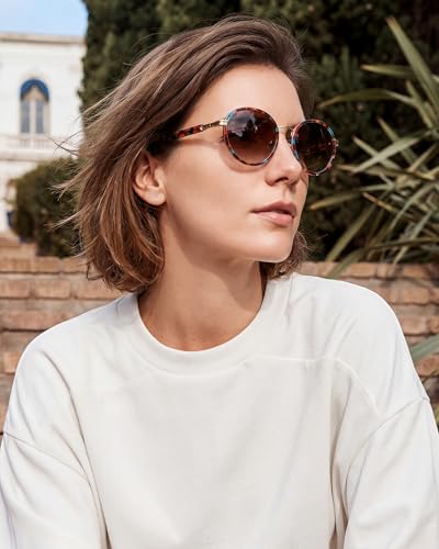 CARFIA Retro Round Sunglasses for Women Polarized UV Protection, Durable Acetate-Metal Frame Designer Eyewear CA1951 - color: 5. Red Floral Frame + Gradient Brown Lens