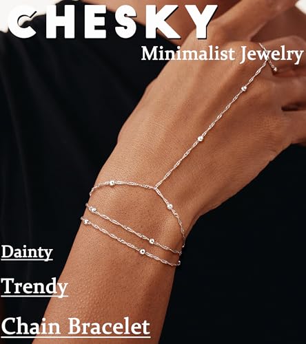 CHESKY Silver Hand Chain Bracelets for Women Set - Dainty Silver Plated Finger Ring Bracelet Stack Adjustable Hand Chains Durable Beaded Bracelets Trendy Simple Jewelry Gift for Women - style: beads bracelet-silver