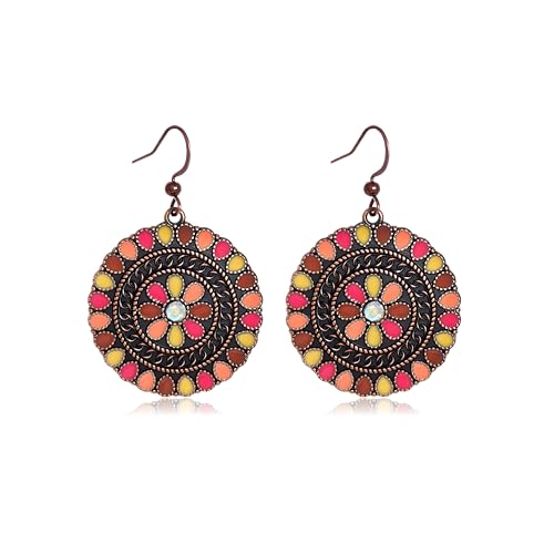 MALOYANVE Vintage Boho Circular Flower Dangle Earring, Handmade Bronze Tribal Round Enamel Floral Drop, Bohemian Ethnic Statement Jewelry Gift for Women - color: Muticolor Rose