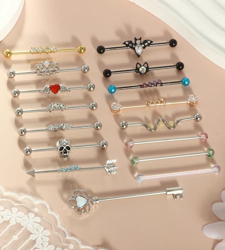 Suotarn 14G Industrial Piercing Jewelry For Women Men Stainless Steel 38 Industrial Barbell Long Cartilage Helix Conch Earrings Stud 14G Gauges Industrial Jewelry Butterfly Heart Cool 7-18pcs - color: set #2