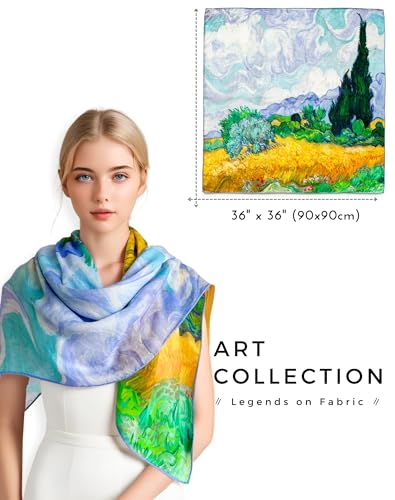 PoeticEHome Cashmere Scarf Wrap 36"x36" - Featherlight & Wrinkle-Free Artistic Square Shawl for Travel & Office, Gift Ready - color: Wheat Field With Cypresses - 36"