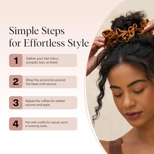 Kitsch Recycled Satin Ruffle Scrunchie – Gentle Hair Scrunchie for Women, Eco-Friendly Hair Tie No Damage, Stylish Ponytail Holder | Ideal Gifts for Women - Camel - color: Camel