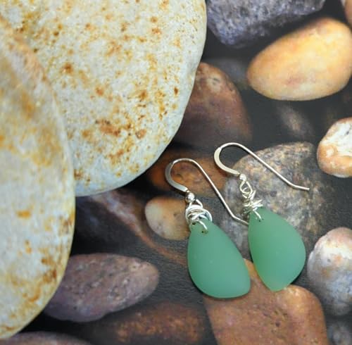 Popular Recycled Sea Glass Earrings on Sterling Silver Hooks - color: Jade Green 2