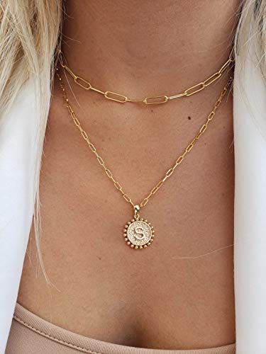 Yoosteel Layered Initial Necklaces for Women Trendy - 14K Gold-Plated Dainty Layering Paperclip Chain Coin Initial Necklace Jewelry Gifts for Women Mom Wife Teen Girls - color: Gold, style: T