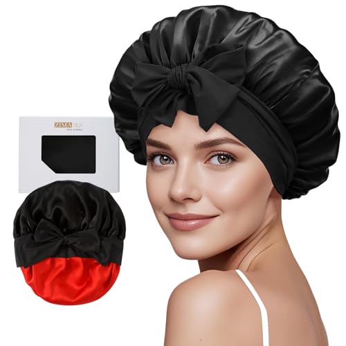 ZIMASILK 100% Mulberry Silk Bonnet for Sleeping Women Long Hair Double Layer Silk Hair Wrap with Tie Band Stay On Head (1Pc, Black) - color: Black
