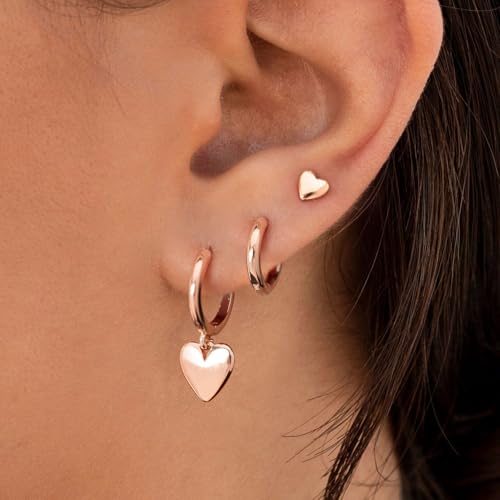 3 Pairs Small Earring Stacks, 14K Gold/Silver/Black/Rose Gold Plated Pearl Heart Butterfly Star Diamond Charm Drop Huggie Earrings Trendy Jewelry Gift for Women - color: Rose Gold-Heart