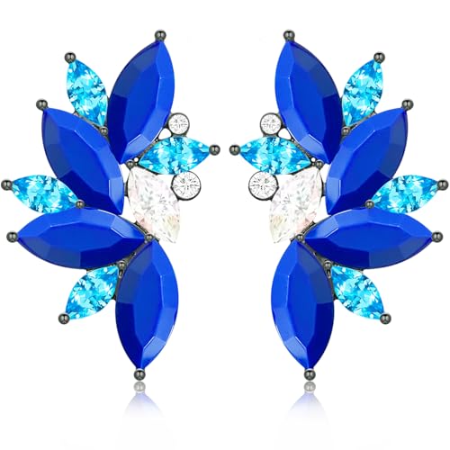 Bohemian Statement Sparkly Colourful Fancy Rhinestone Crystal Flower Dangle Drop Stud Earrings Vintage Wedding Bridal Prom Earrings for Women - color: Blue