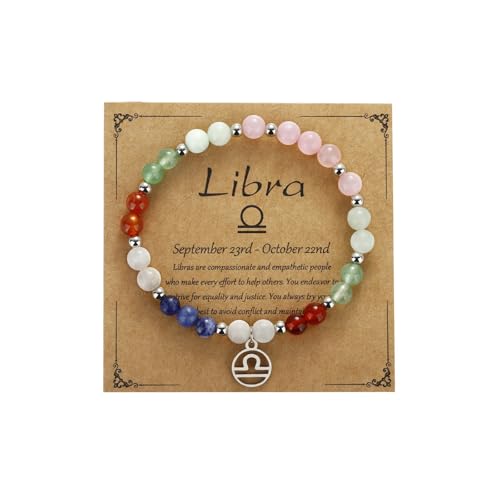 Zodiac Natural Stone Bracelet – Handmade Crystal Healing Bracelet with Zodiac Charm – Adjustable Beaded Jewelry Gift for Women Men Girls - color: Libra