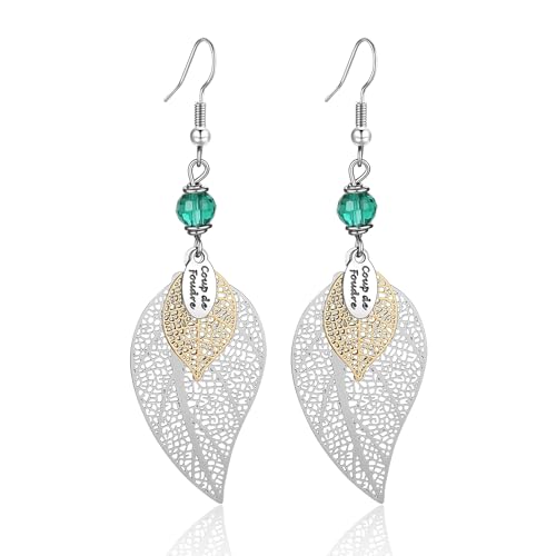 Silver Dangle Earrings For Women Trendy,Boho Cute Drop Western Earings,Vintage Gothic Ethnic Statement Beach Vacation Long Earrings with Leaf Teardrop Turquoise Crystal Tassels,Fashion Jewelry Birthday Gift. - color: A16) Hollow Out Leaf green crystal