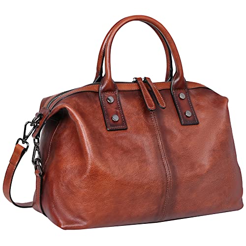 Iswee Genuine Leather Satchel Tote Bag Top Handle Handbag Designer Shoulder Bag Large Capacity Cross Body Bag - color: Brown