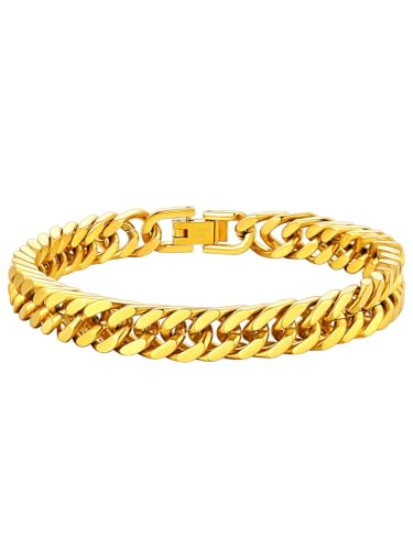 ChainsHouse Stainless Steel Cuban Link Bracelet, 8mm/12mm/17mm Width, 7.5"/8.3"/9", 18K Gold Plated Chain Wrist Bracelets for Men Women, Send Gift Box - color: L: Gold-8mm width