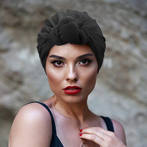 DRESHOW 5 Pack Knotted Headwraps for Women African Turban Pre-Knotted Beanie Headwraps Hair Covers - color: 5 Pack Knotted: Black, Russet, Mustarl, Teal, White