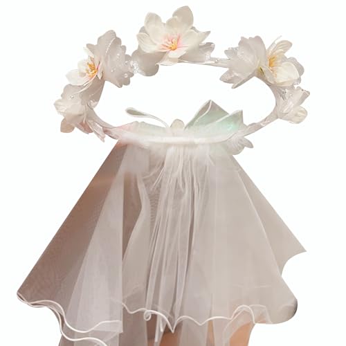 Artificial Flower Crown Headband for Women Girls – Boho Floral Wreath Halo for Weddings, Photoshoots, Festivals, Birthdays, and Costume Parties (White Peach Blossom, Adjustable) - color: White Peach Blossom