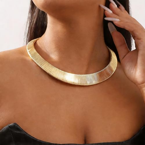 Chunky Chain Necklaces Women Statement Collar Necklace Gold Flat Snake Chain Choker Ribbed Design for Party, Dress Jewelry Gifts - color: A1