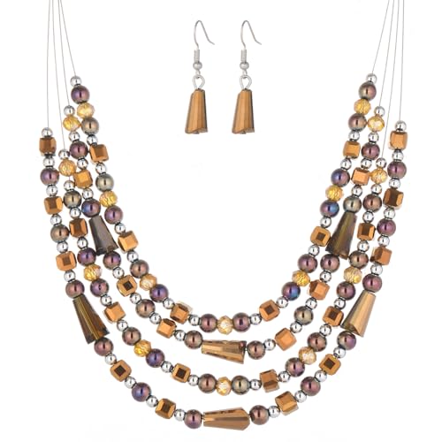Errally Layered Beaded Statement Necklace Multi Strand Crystal Beads Collar Necklace and Earring Sets for Women Fashion Costume Jewelry Set Gifts for Her - color: Bronze