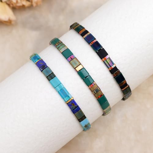 Sonateomber Tila Flat Beaded Stretch Stack Bracelets Set for Women, Trendy Stackable Colorful Glass Square Beads Bracelet Friendship Accessories Jewelry Gift - color: Golden Brown Malachite Crystal Green Purple Black