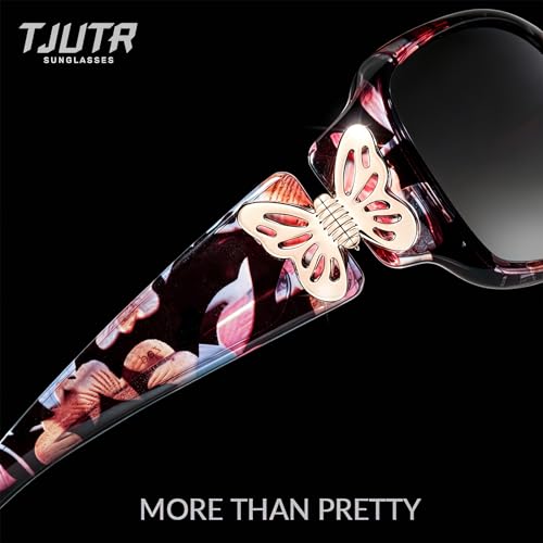 TJUTR Polarized Sunglasses for Women with Wrap Around Butterfly Design, Trendy Jackie-O Style for UV400 Protection - color: A71 Floral Frame Grey Lenses