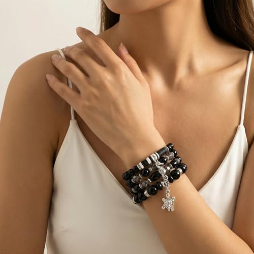 Bohemian Bracelet Sets for Women - 4-Pack Stackable Stretch Bead Bracelets with Black＆White Crystal & Gold Accessories, Multi-Layer Boho Jewelry - color: mix
