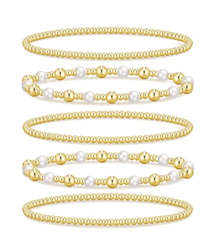 Gold Beaded Bracelets for Women, 14K Real Gold Plated Jewelry for Women Dainty Pearl Bead Bracelets Stack, Non Tarnish Trendy Stackable Ball Cross Stretch Bracelet Set Fashion Accessories Gifts - color: Gold pearl small bead