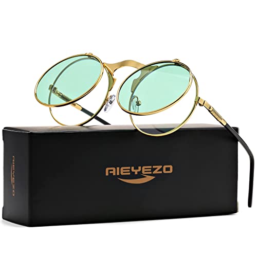 AIEYEZO Round Flip Up Sunglasses for Men and Women Rave Flip Glasses 90's Retro Steampunk Style - color: Gold/Clear Green
