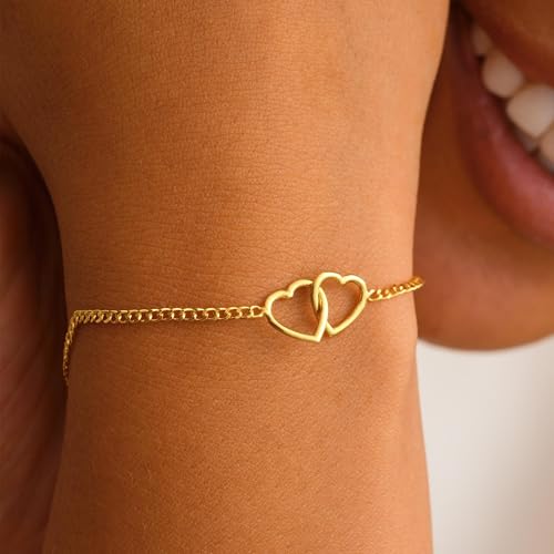 SLOONG Gold Pearl Bracelets for Women Trendy, 14K Gold Plated Dainty Stackable Layered Chain Bridesmaid Bracelets, Waterproof Wedding Jewelry for Women Adjustable 6"+2" - color: Style9(Heart)