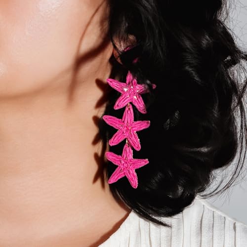 Boho Raffia Earrings Starfish Shell Seashell Dangle Drop Earrings Cute Statemnet Trendy Jewelry Summer Beach Outfits for Women - color: Hot Pink, size: Seastar