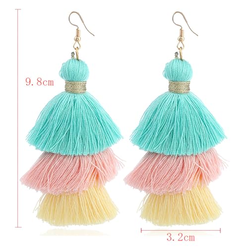 Bohemian Layered Earrings for Women Vintage Three-Layer Ombre Gradient Tassels Earrings Long Statement Tiered Fringe Drop Dangle Earring Elegant Beach Wedding Dangle Earring for Summer Seaside Festivals - color: Colourful